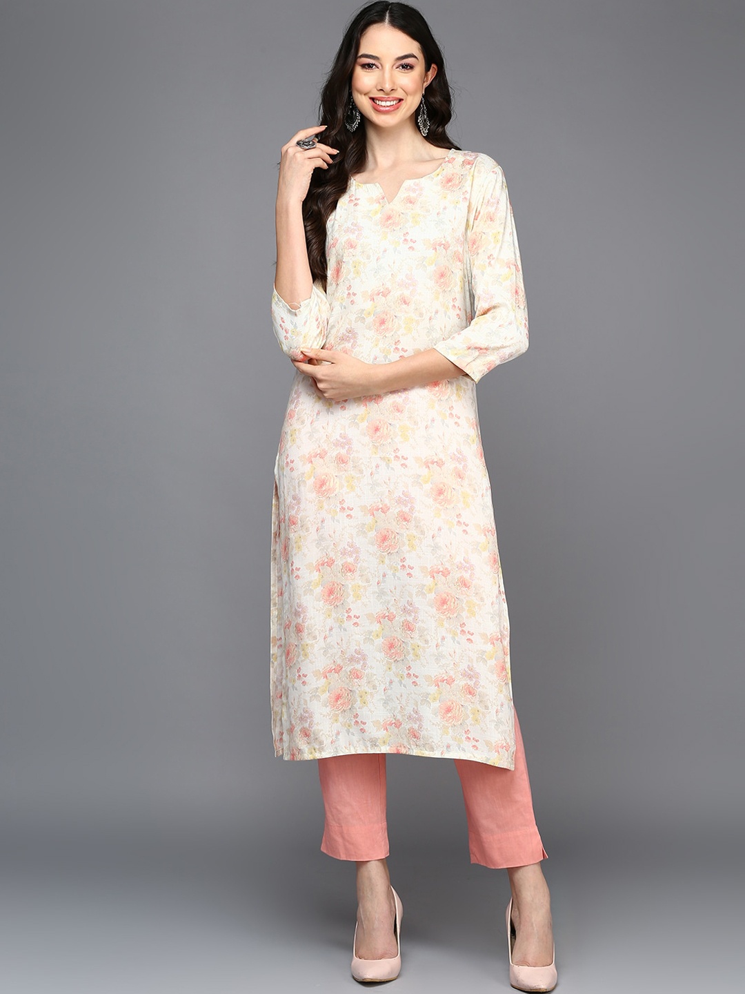 

AHIKA Floral Printed Round Neck Straight Kurta, Off white