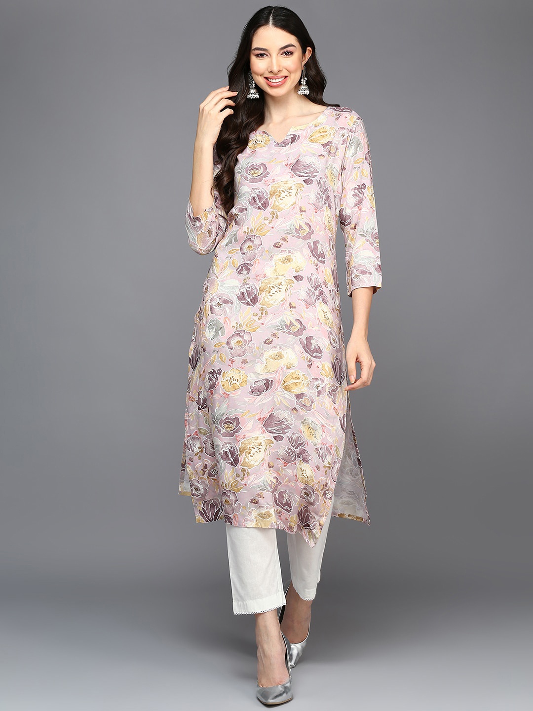 

AHIKA Floral Printed Straight Kurta, Mauve