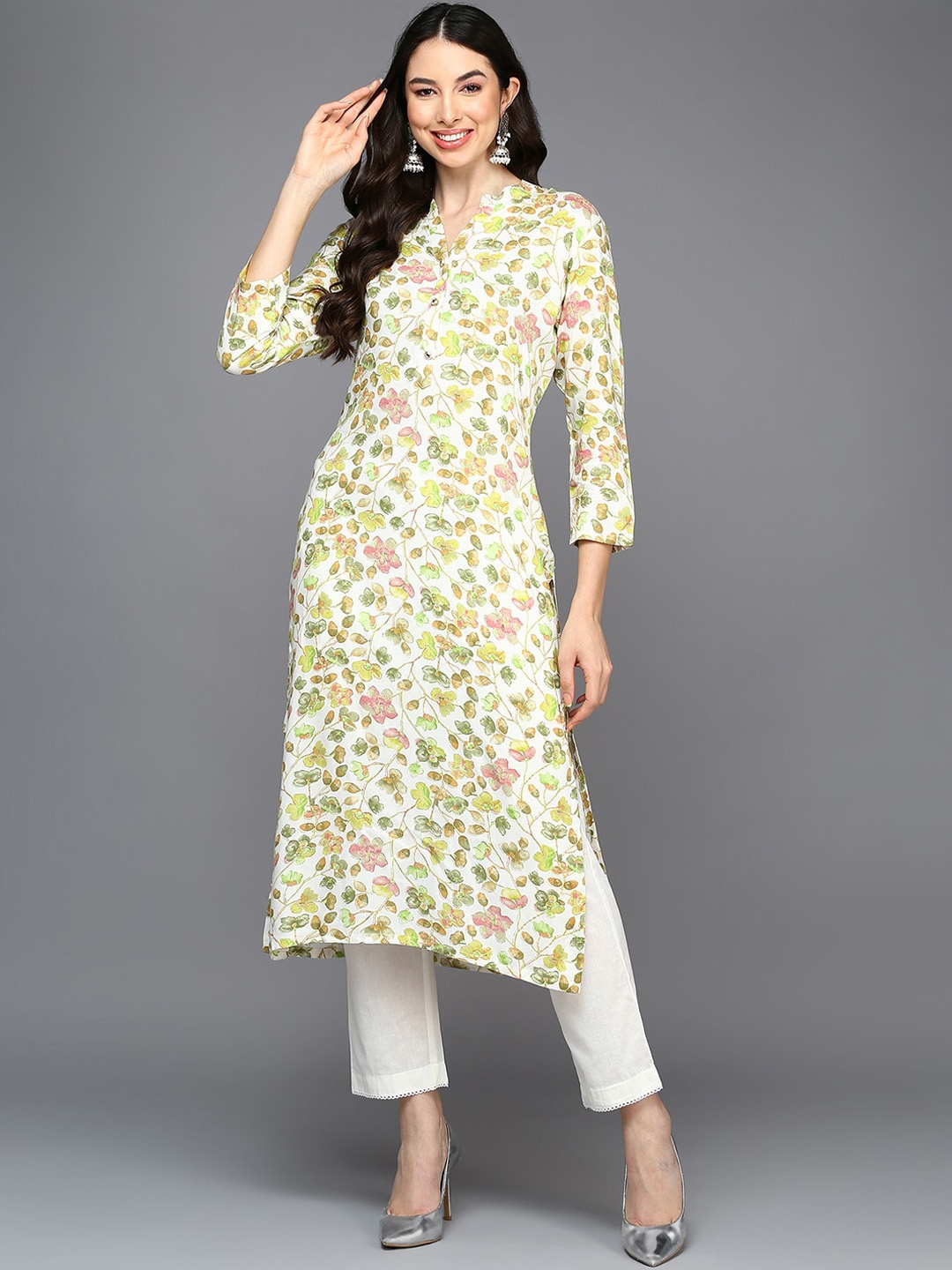 

AHIKA Floral Printed Mandarin Collar Straight Kurta, White