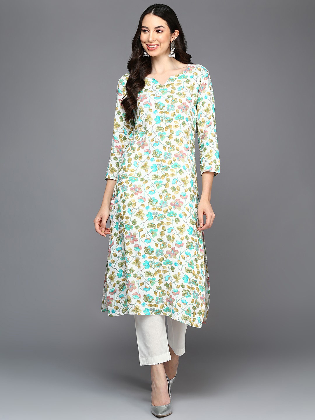 

AHIKA White Floral Printed Notched Neck Kurta