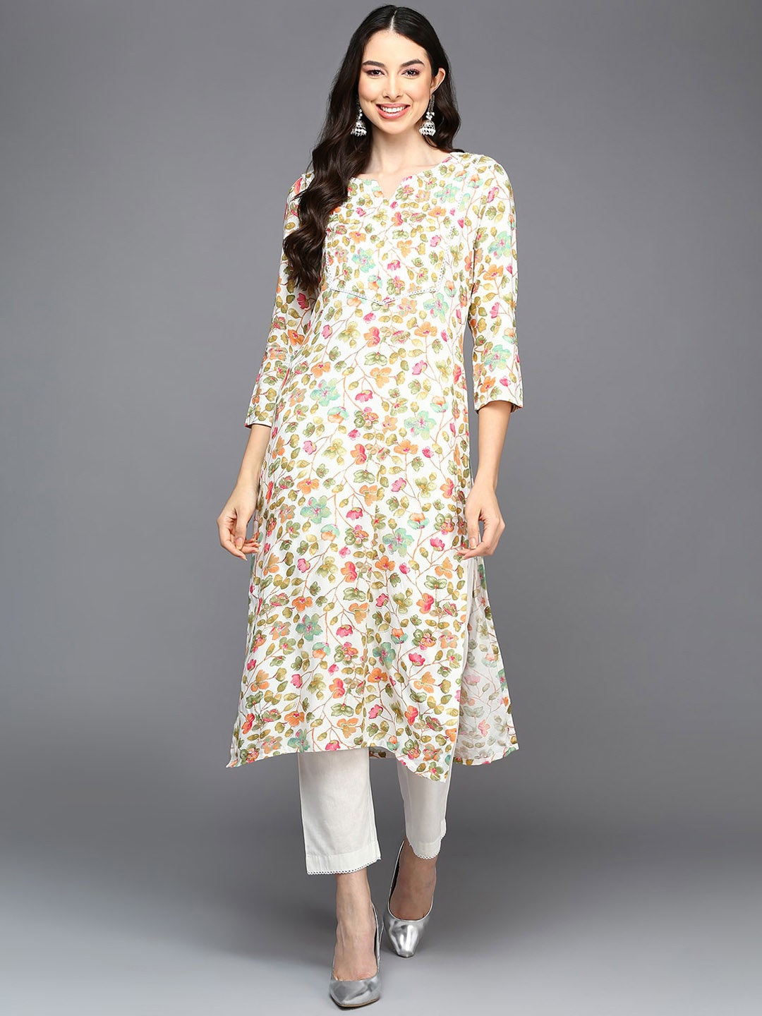 

AHIKA Floral Printed Round Neck Straight Kurta, White