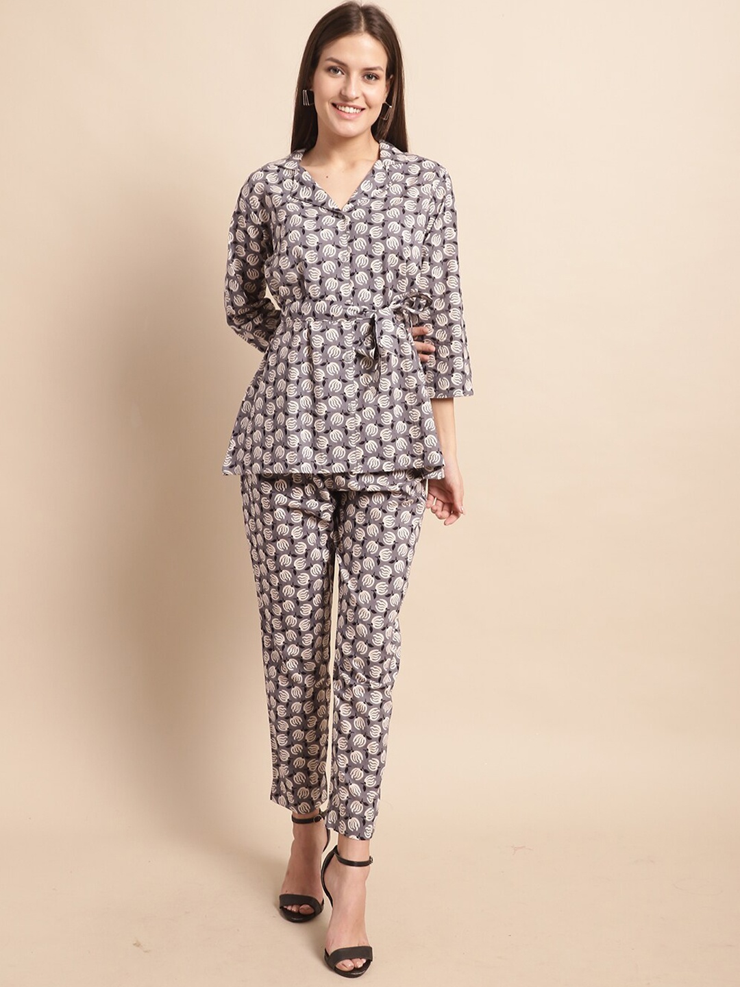 

BAESD Floral Printed Lapel Collar Pure Cotton Shirt & Trousers, Grey