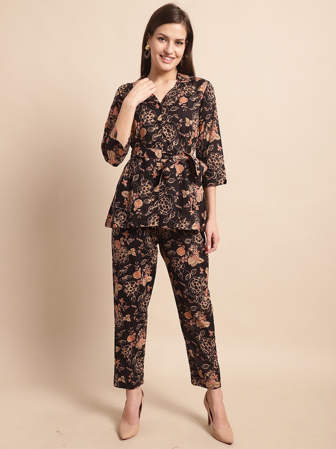 

BAESD Floral Printed Pure Cotton Shirt & Trousers, Black