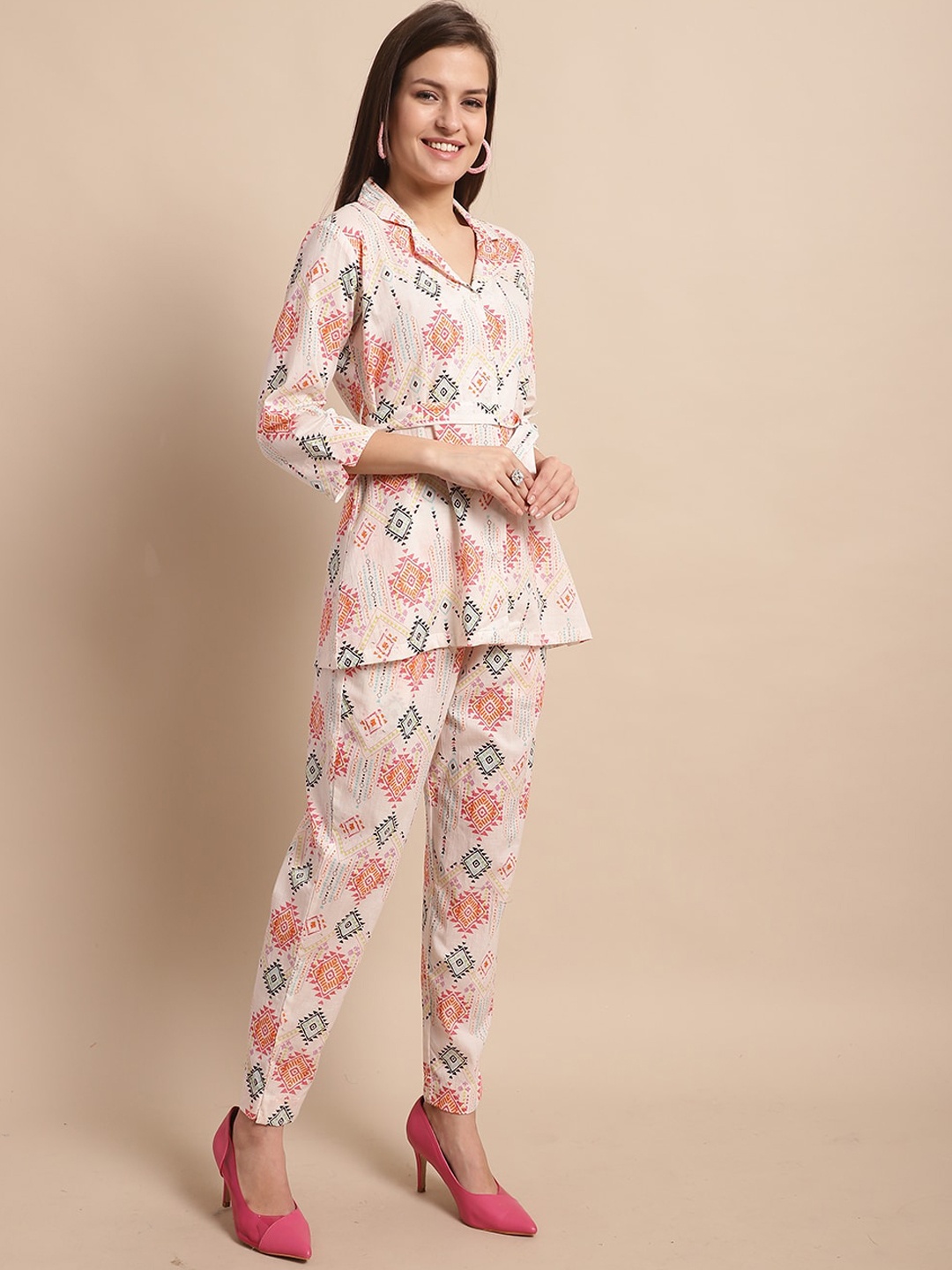 

BAESD Ethnic Motifs Printed Lapel Collar Pure Cotton Shirt & Trousers, White