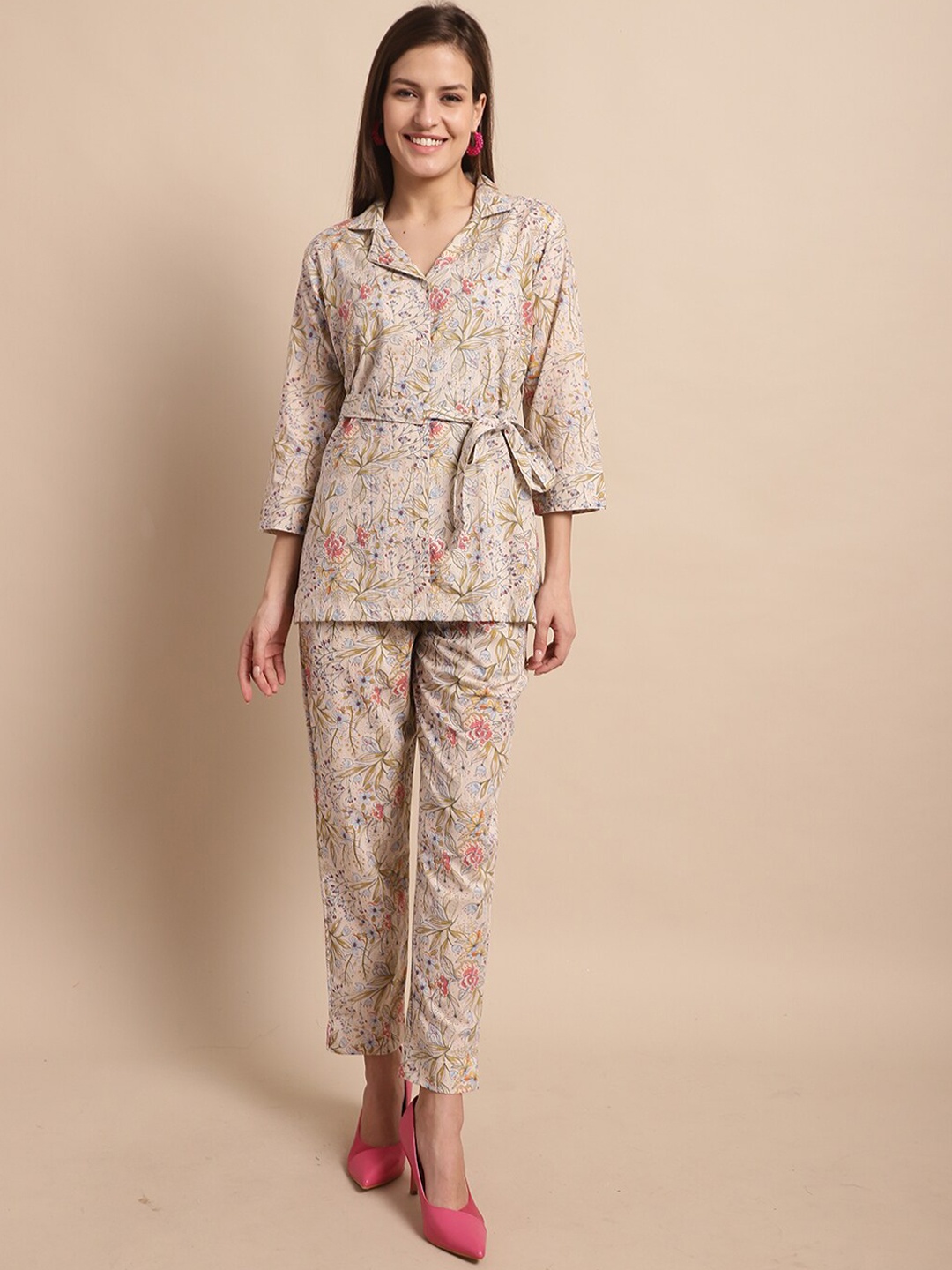 

BAESD Floral Printed Pure Cotton Shirt & Trousers, Cream