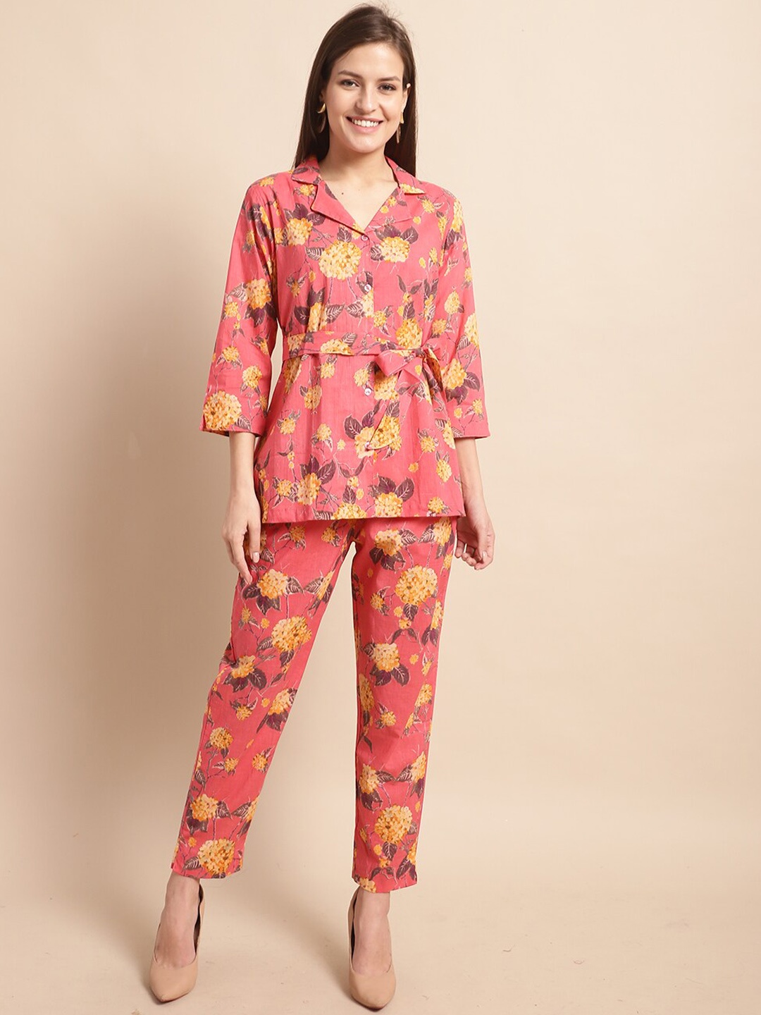 

BAESD Floral Printed Pure Cotton Shirt & Trousers, Coral