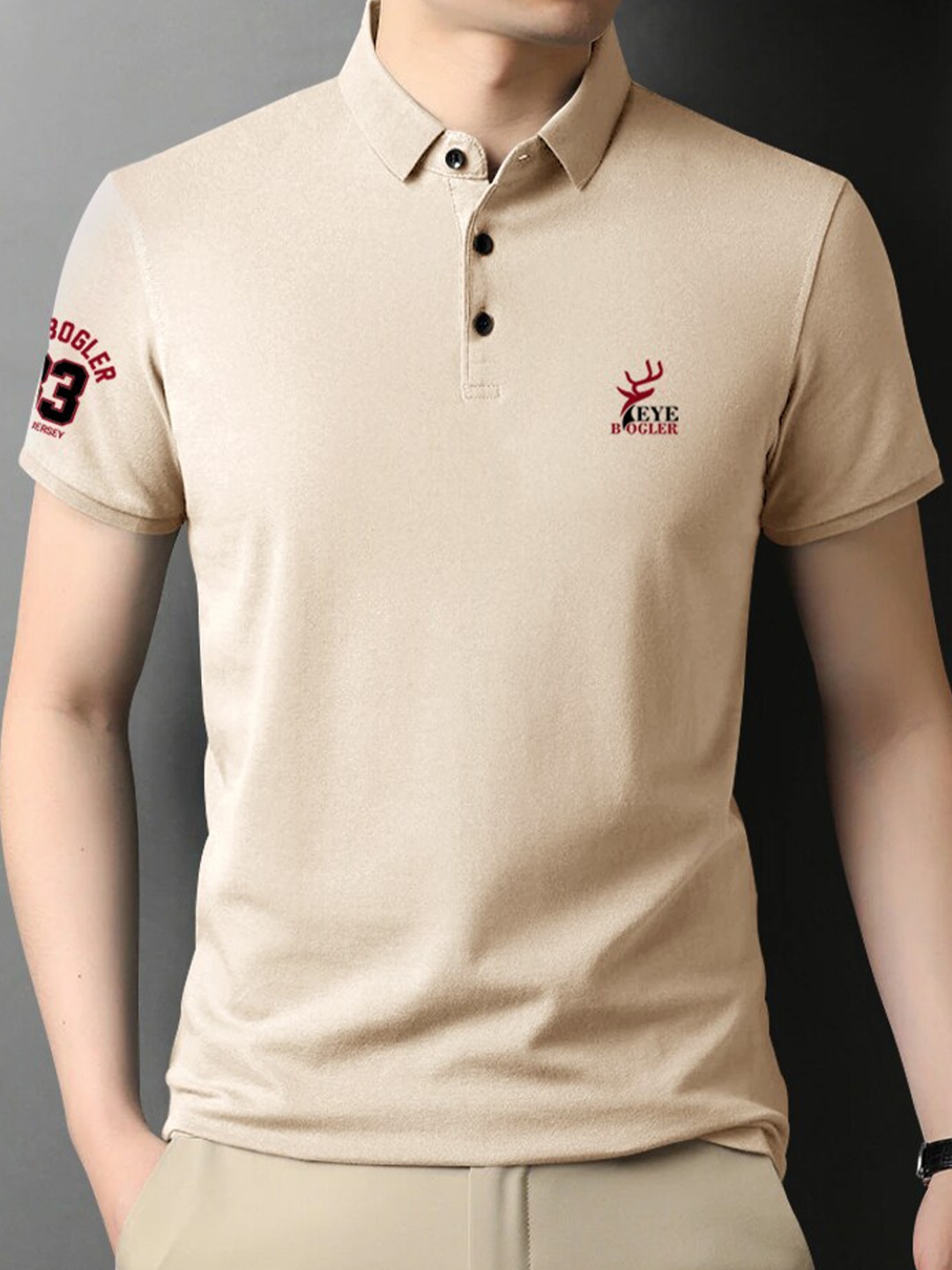 

Eyebogler Polo Collar Applique Cotton Regular T-shirt, Cream