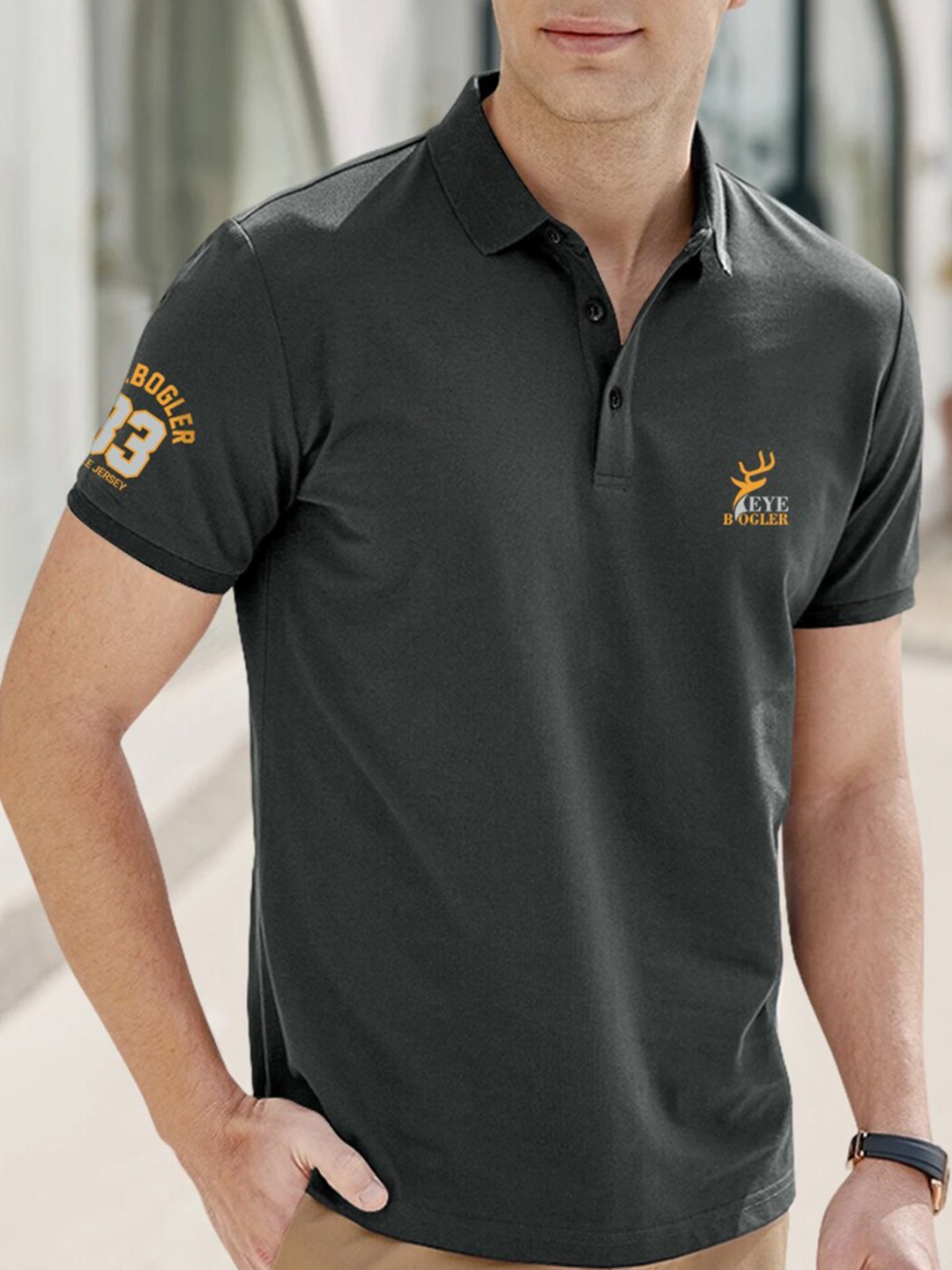 

Eyebogler Polo Collar Applique Cotton Regular T-shirt, Grey