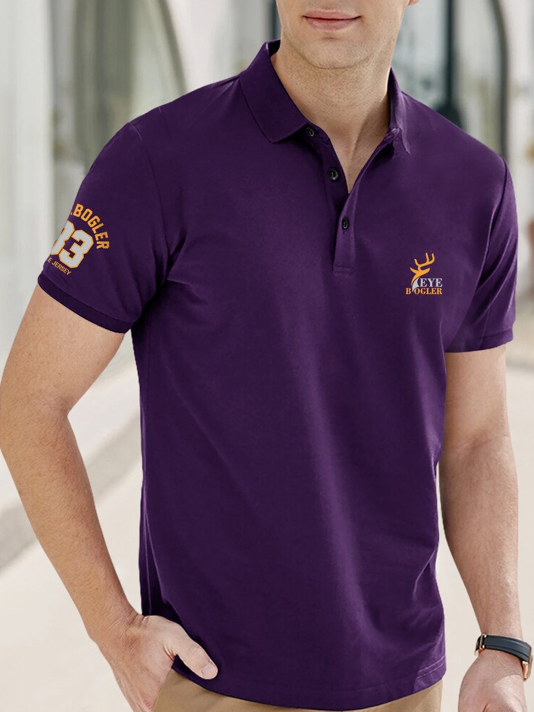 

Eyebogler Polo Collar Applique Cotton Regular T-shirt, Purple