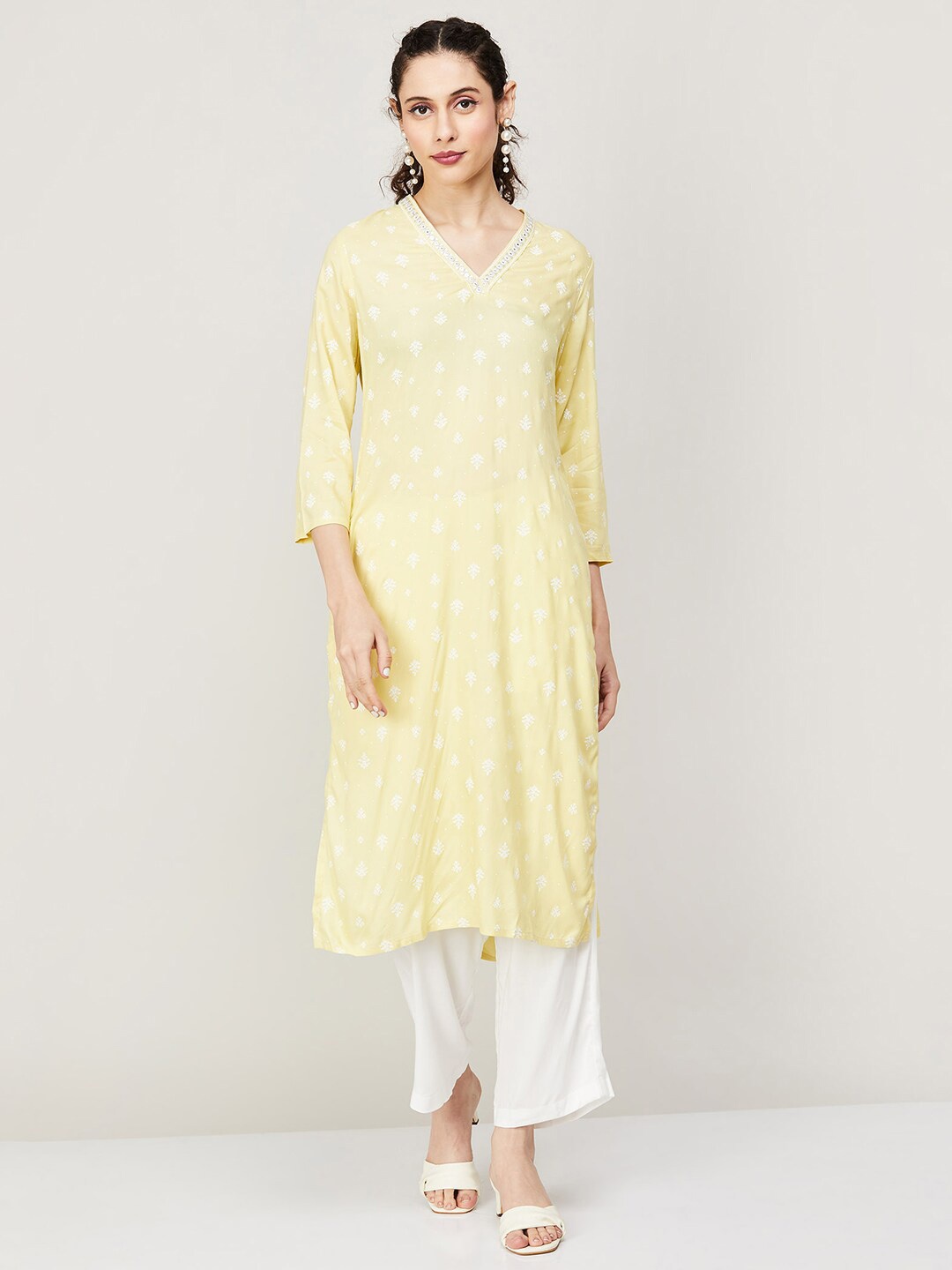 

Melange by Lifestyle Floral Embroidered Thread Work Kurta with Palazzos & Dupatta, Yellow