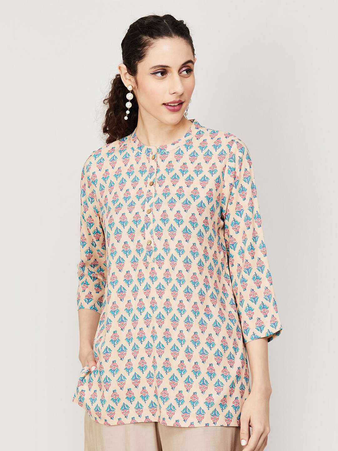 

Melange by Lifestyle Mandarin Collar Ethnic Motifs Printed Kurti, Beige