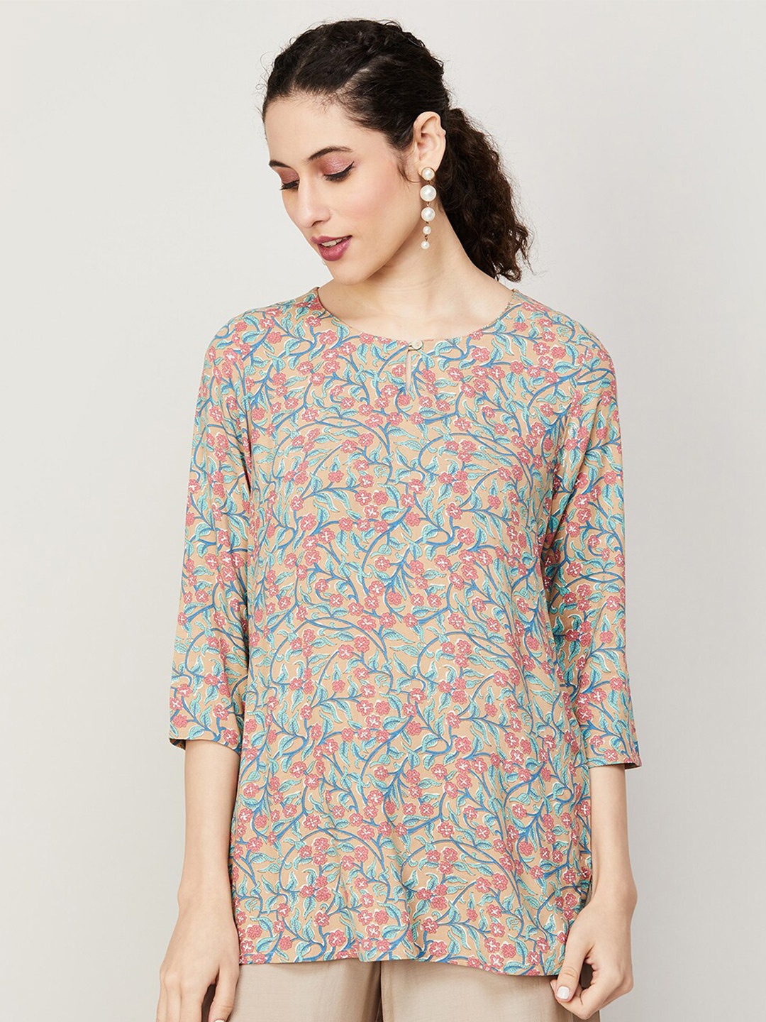 

Melange by Lifestyle Floral Printed Straight Kurti, Beige