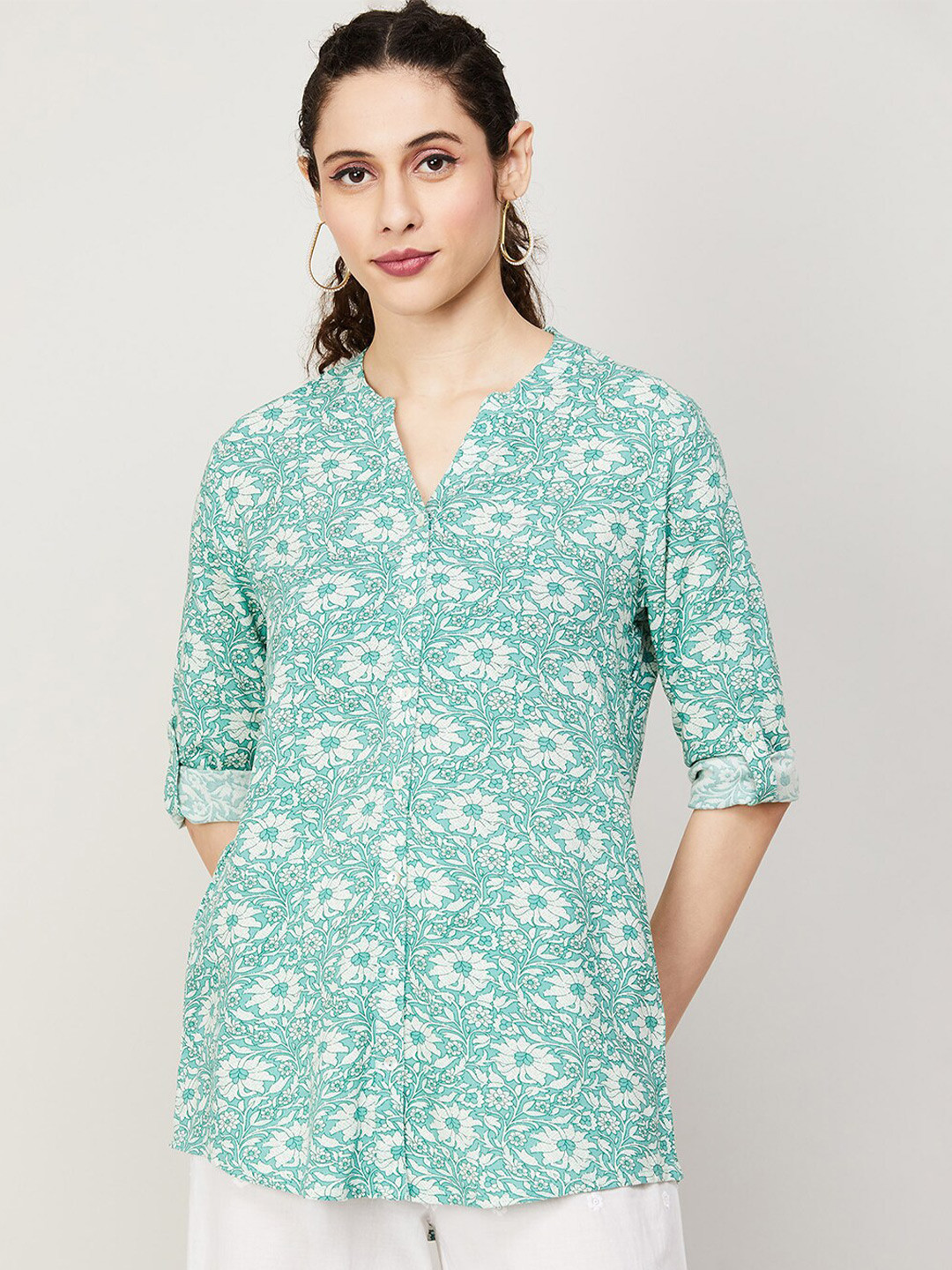 

Melange by Lifestyle Mandarin Collar Floral Motifs Printed Kurti, Green