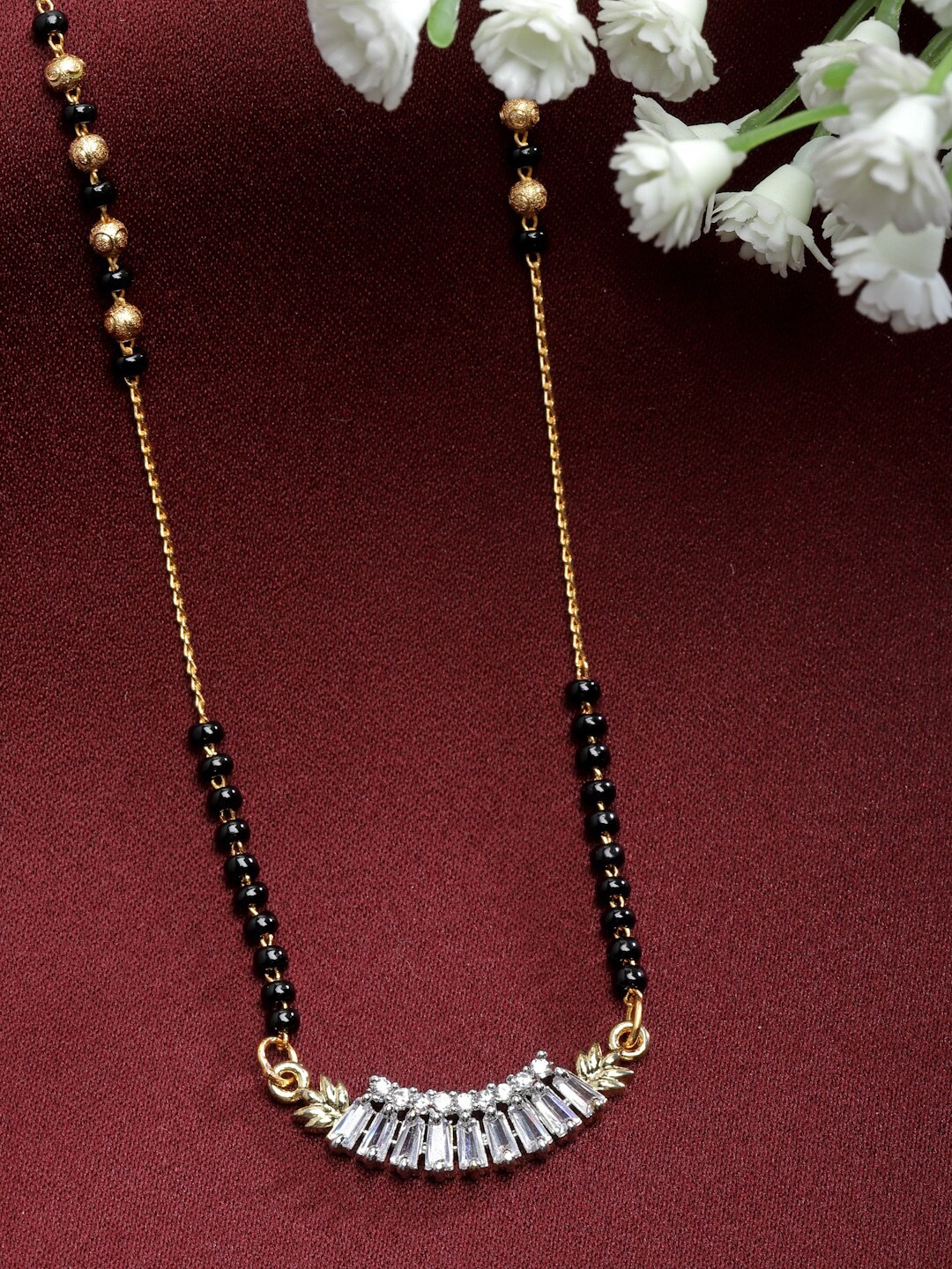 

Aazeen Gold-Plated American Diamond-Studded & Beaded Mangalsutra
