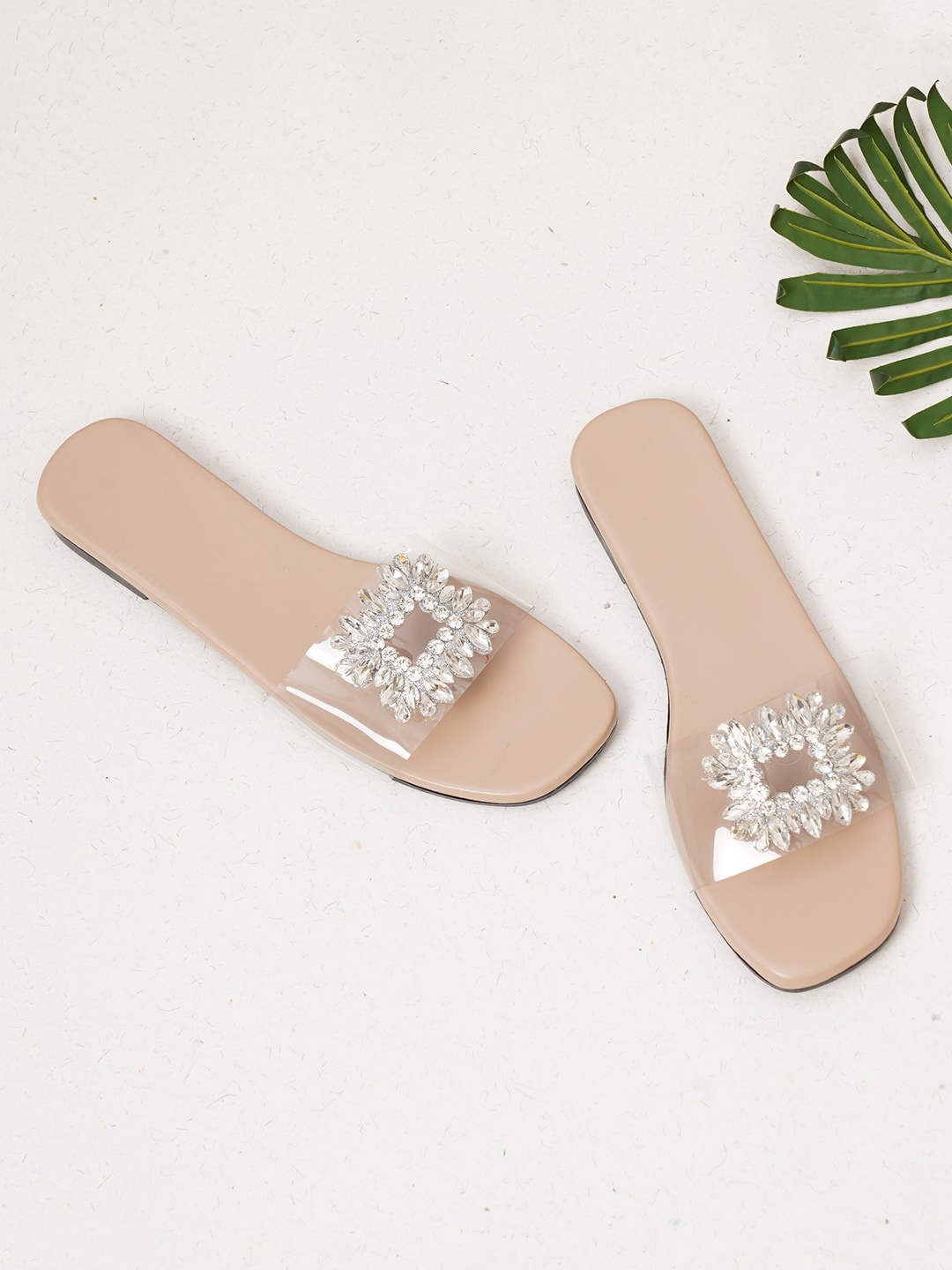 

HASTEN Embellished Open Toe Flats, Beige