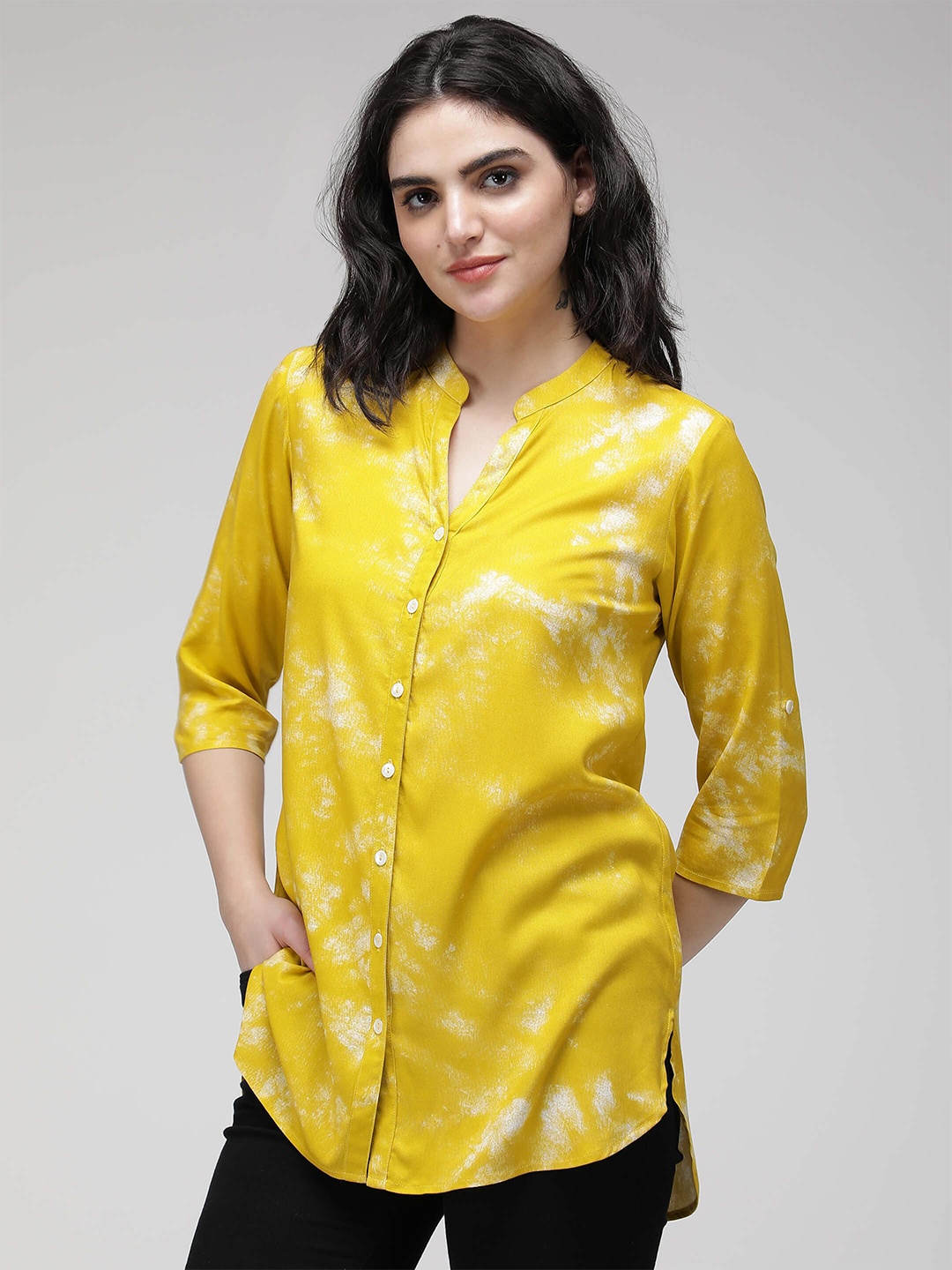 

IDK Tie and Dye Mandarin Collar Shirt Style Top, Yellow