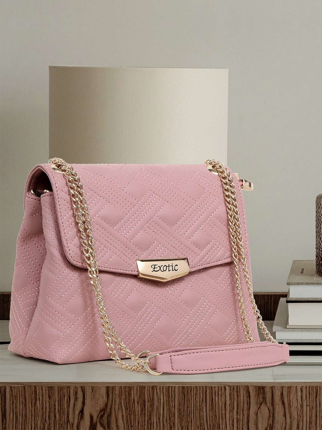 

Exotic Structured Sling Bag with Quilted, Pink