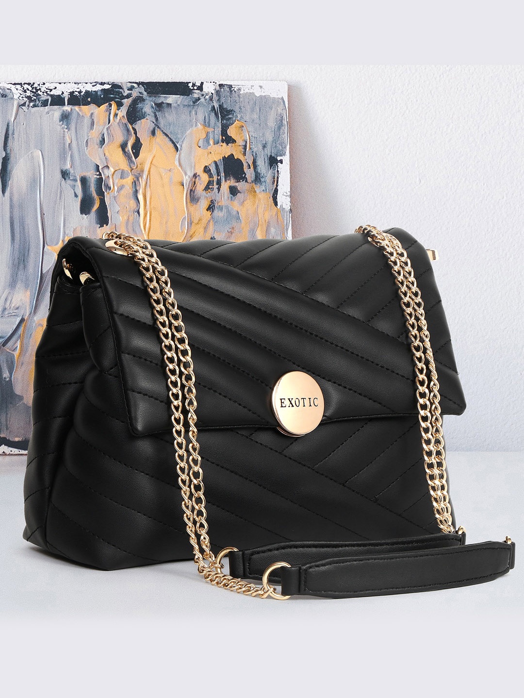 

Exotic Structured Sling Bag with Quilted, Black