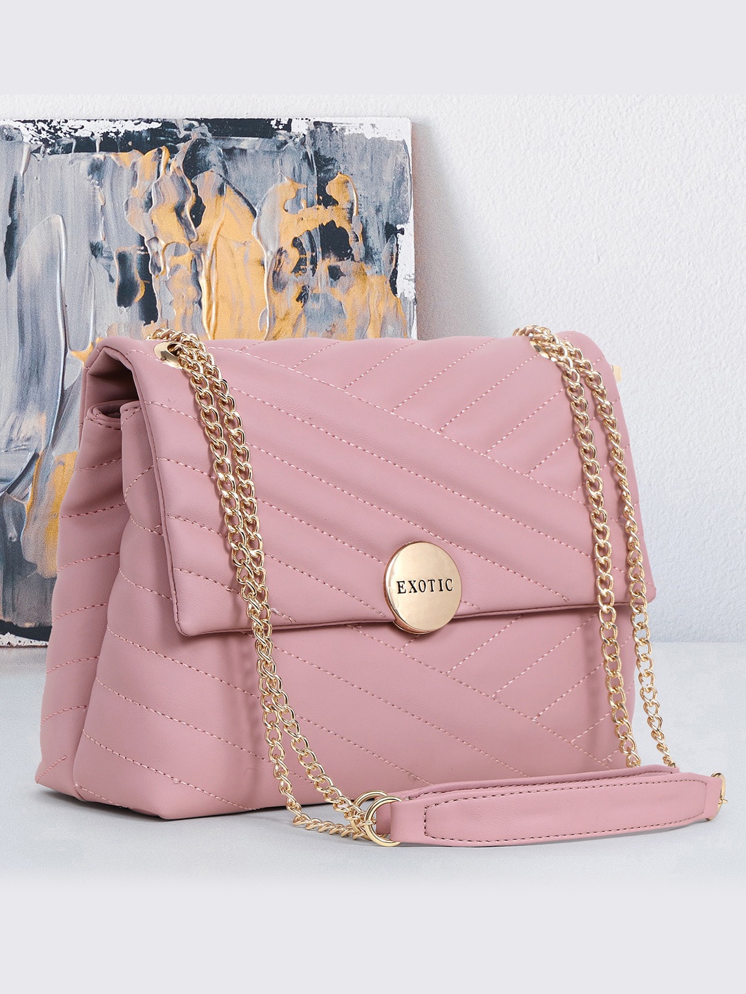 

Exotic Structured Sling Bag with Quilted, Pink