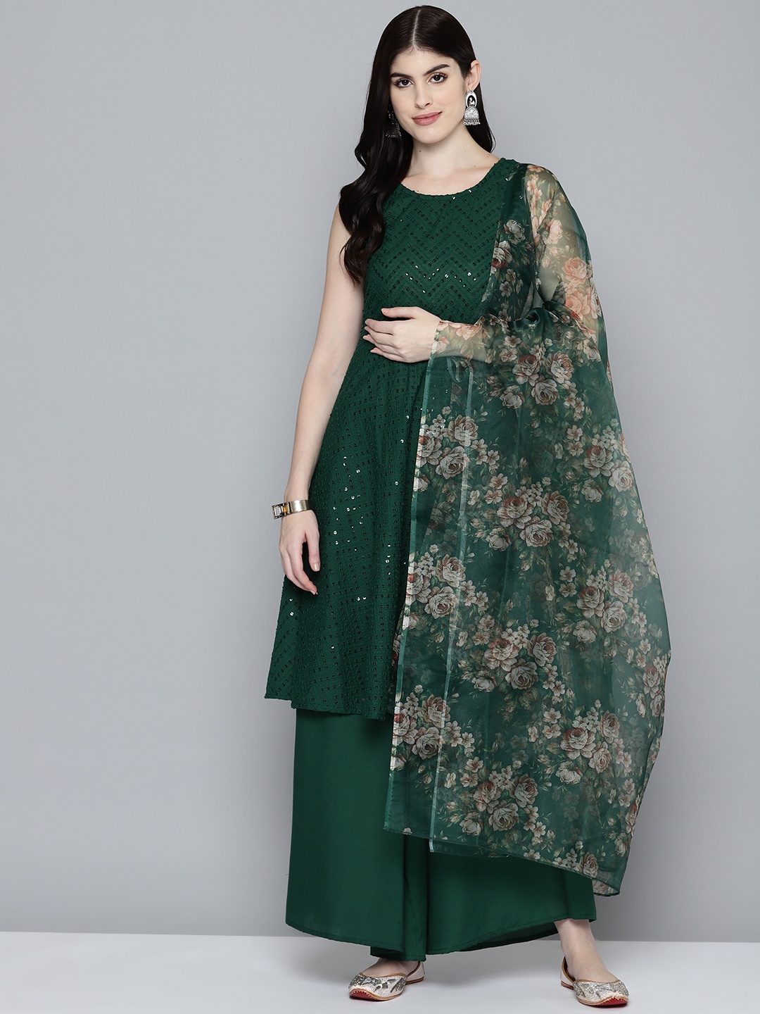 

Jompers Women Embroidered Sequinned Kurta & Palazzos With Dupatta, Green