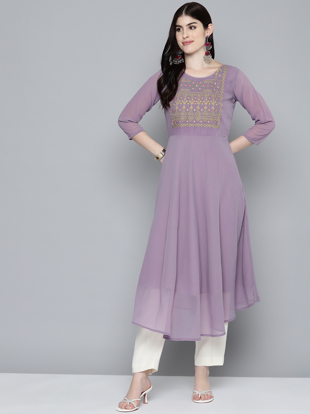 

Jompers Ethnic Motifs Embroidered Thread Work Georgette Kurta, Purple