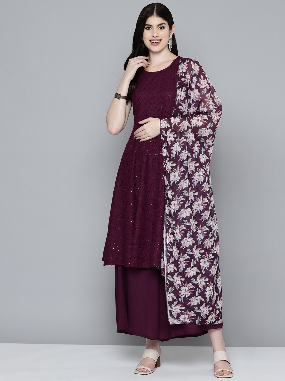 

Jompers Women Embroidered Sequinned Kurta & Palazzos With Dupatta, Purple