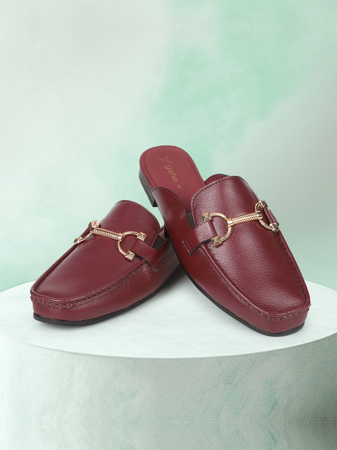 

yoho Women Bliss Square Toe Anti-Skid Sole Horsebit Mules, Burgundy