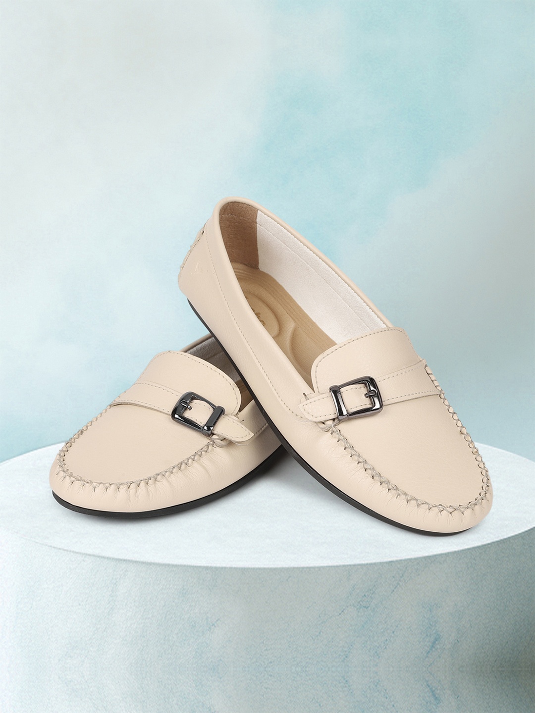 

yoho Women Buckled Slip-On Loafers, Beige