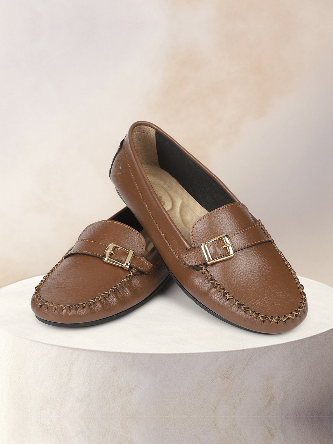 

yoho Women Textured Comfort Insole Anti-Skid Sole Horsebit Loafers With Buckle Detail, Tan