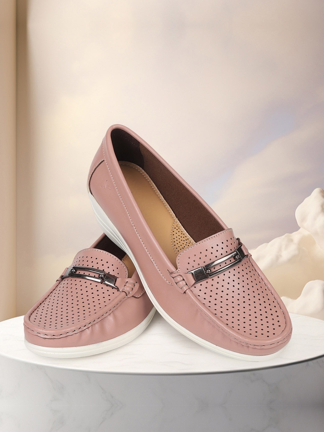 

yoho Women Bliss Perforations Comfort Insole Basics Anti-Skid Sole Horsebit Loafers, Rose