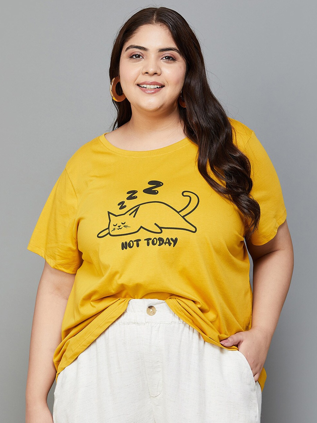 

Nexus by Lifestyle Plus Size Graphic Printed Pure Cotton T-Shirt, Mustard