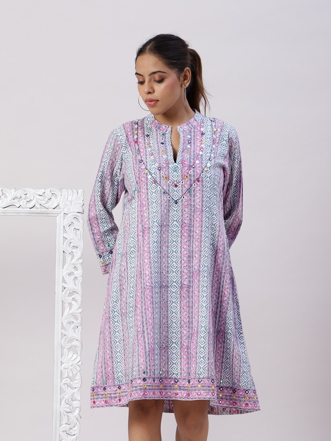 

Spring Soul Ethnic Motifs Printed Mandarin Collar Embroidered Pure Cotton A-Line Dress, White