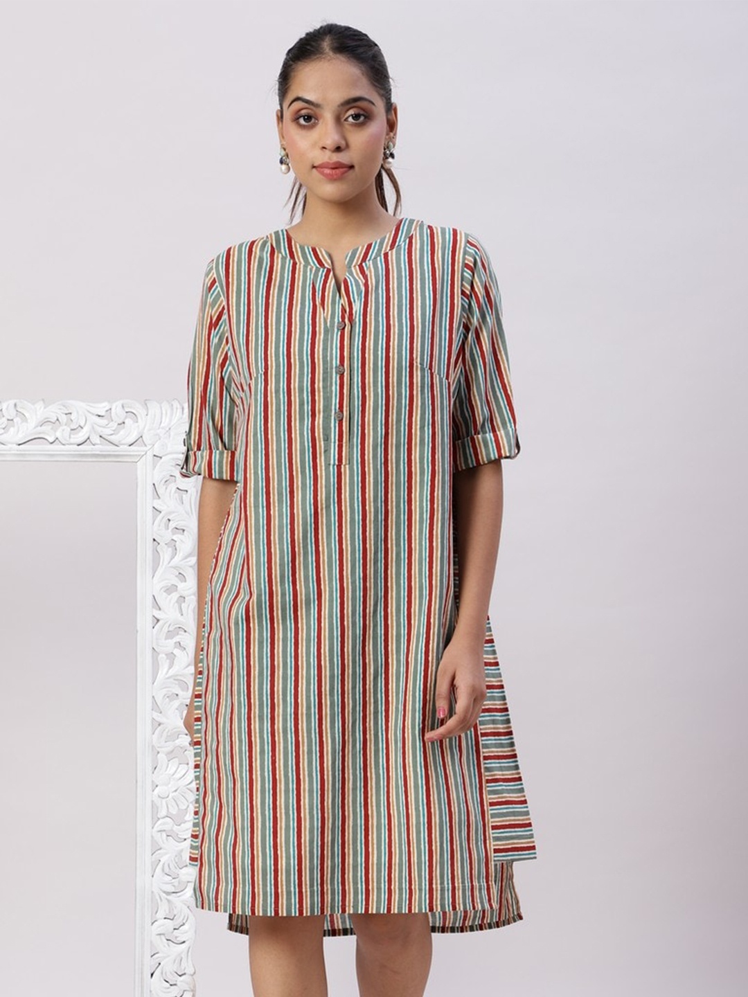 

Spring Soul Striped Mandarin Collar Roll-Up Sleeve Pure Cotton A-Line Dress, Beige