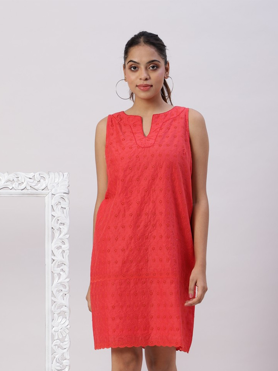 

Spring Soul Self Design Round Neck Sleeveless Gathered Pure Cotton A-Line Dress, Red