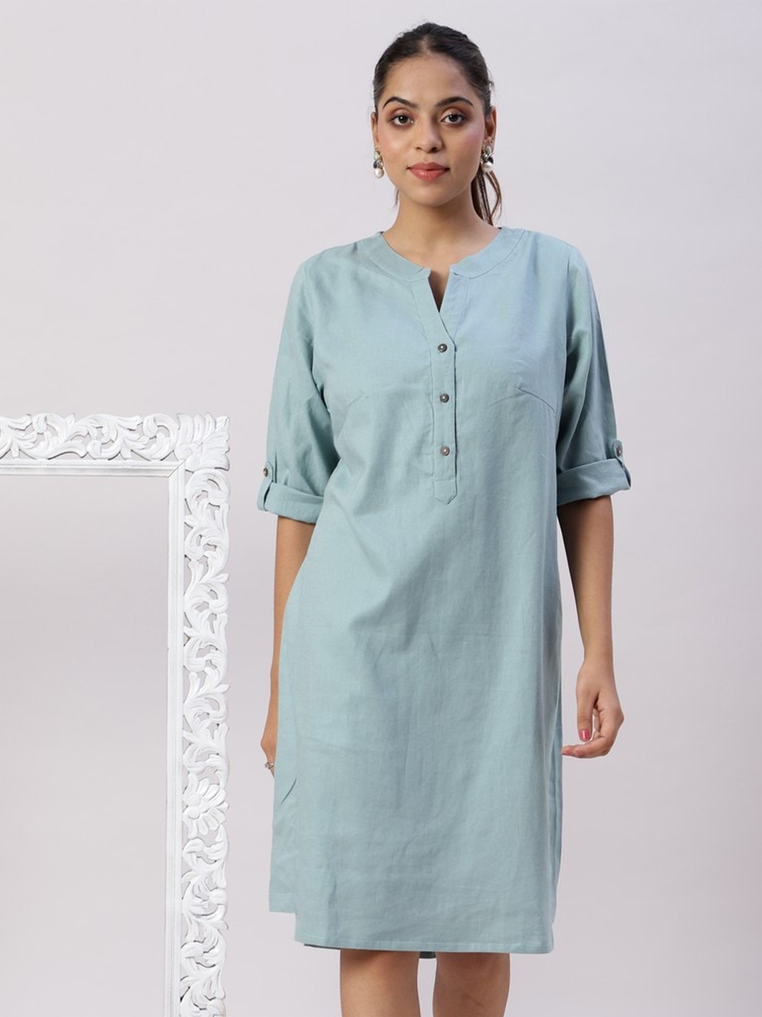 

Spring Soul Mandarin Collar Roll-Up Sleeve A-Line Dress, Blue