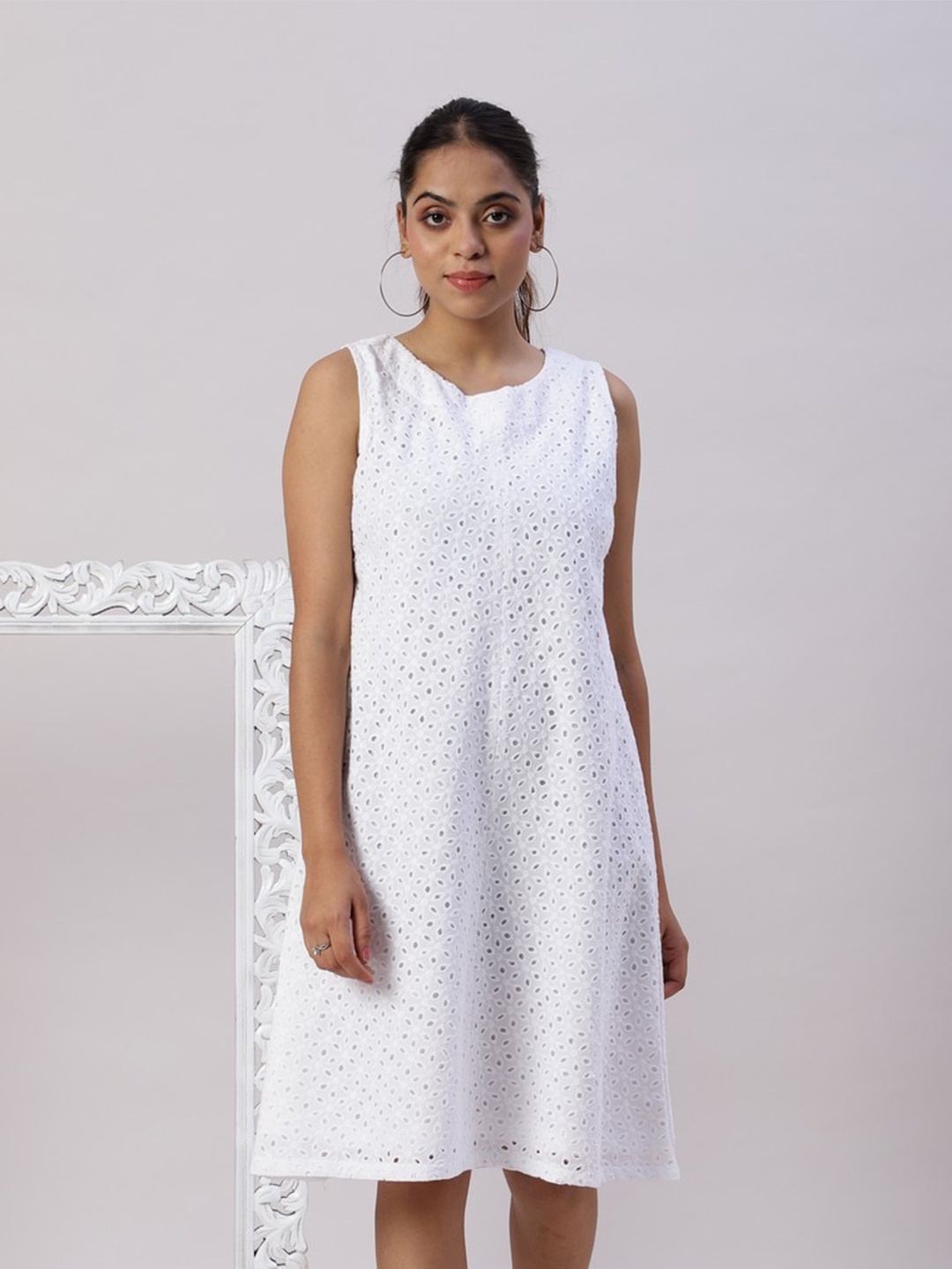 

Spring Soul Schiffli Round Neck Cotton A-Line Mini Dress, White