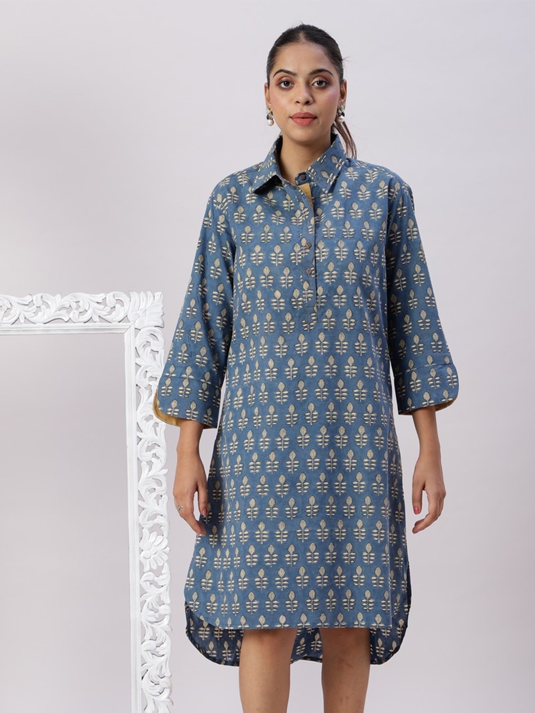 

Spring Soul Ethnic Motifs Printed Shirt Collar Pure Cotton Shirt Dress, Blue