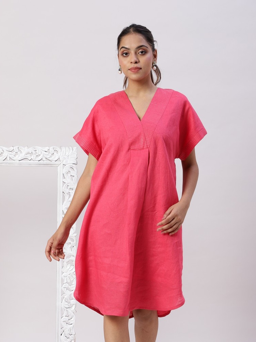 

Spring Soul V-Neck Drop Shoulder Linen Dress, Fuchsia