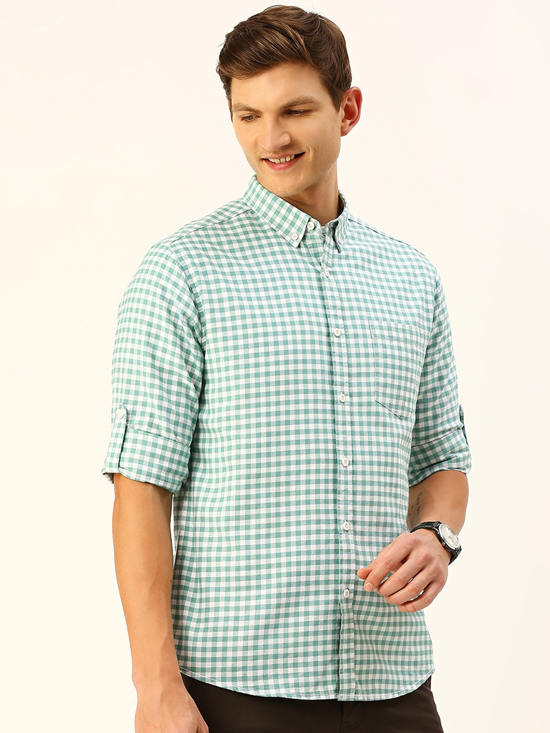 

HERE&NOW Green Classic Slim Fit Gingham Checked Casual Pure Cotton Shirt, Sea green