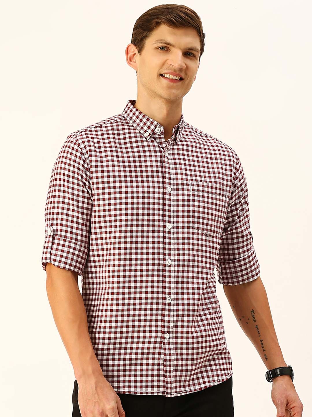 

HERE&NOW Classic Slim Fit Gingham Checked Casual Pure Cotton Shirt, Maroon