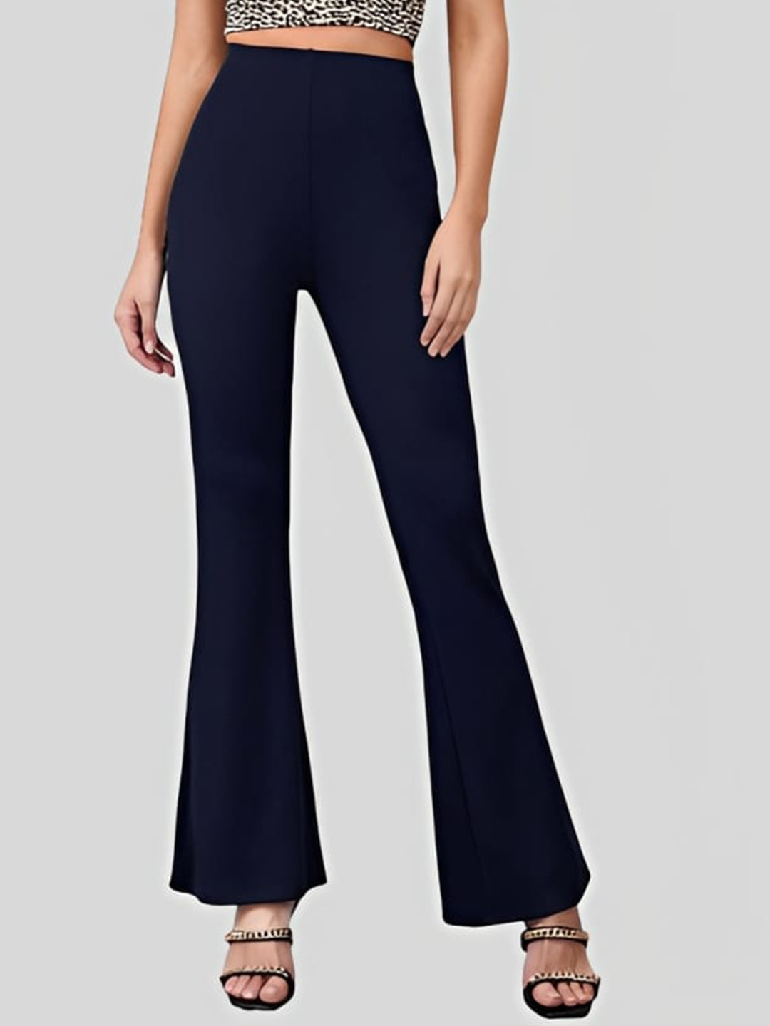 

WESTHOOD Classic Flared Fit High-Rise Flat Front Bootcut Trousers, Blue