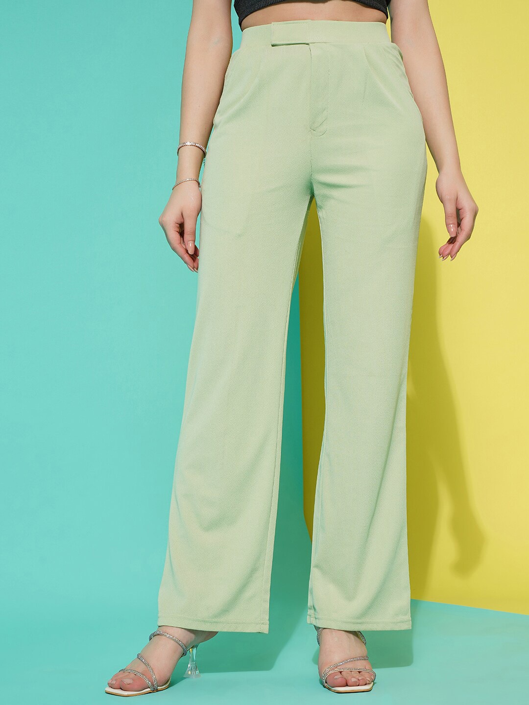

Ziva Fashion Women Mid-Rise Relaxed Straight Leg Cotton Lycra Regular Trousers, Green