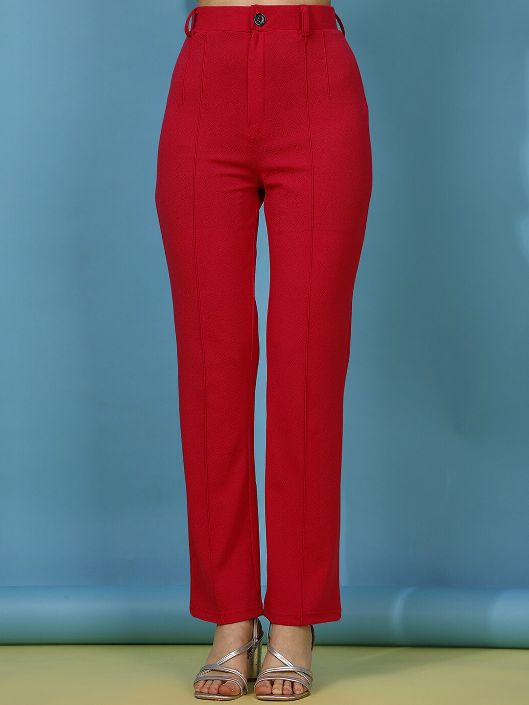 

Ziva Fashion Women Relaxed Straight Leg Mid Rise Regular Fit Lycra Regular Trousers, Red