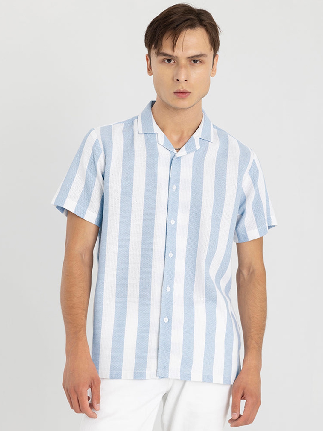 

Snitch Blue Classic Striped Cuban Collar Cotton Boxy Casual Shirt
