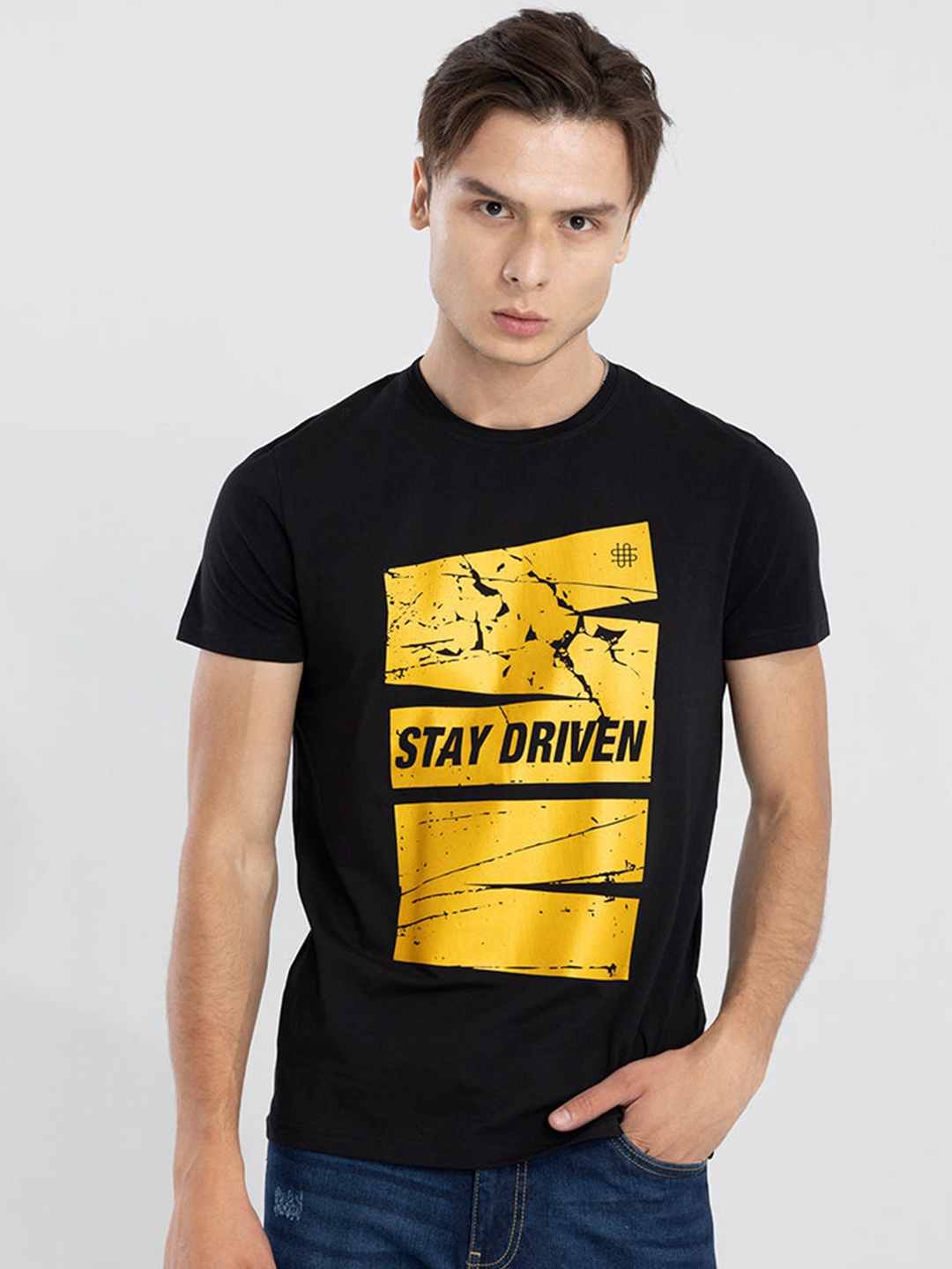 

Snitch Black & Yellow Graphic Printed Slim Fit Cotton T-shirt