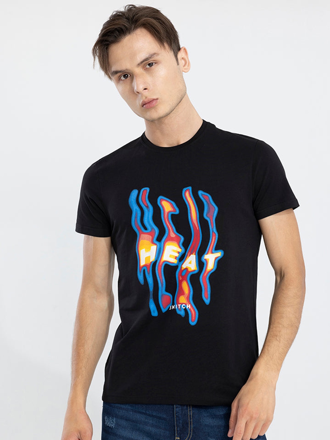 

Snitch Black & blue Graphic Printed Slim Fit Cotton T-shirt