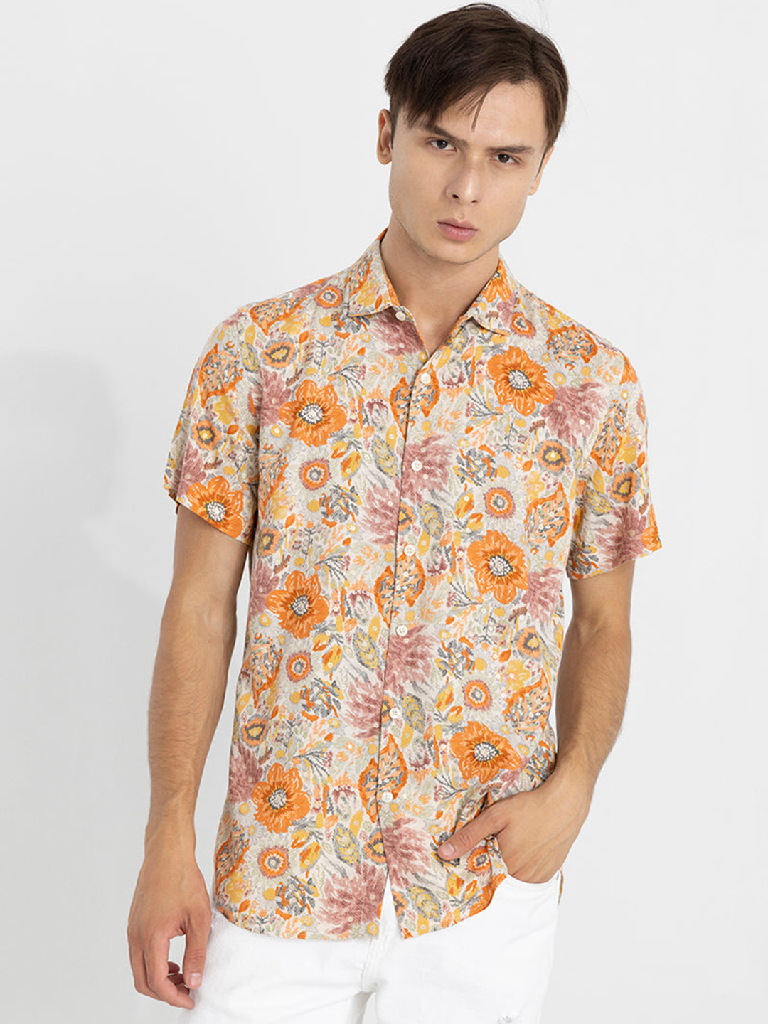 

Snitch Orange Classic Floral Printed Casual Shirt