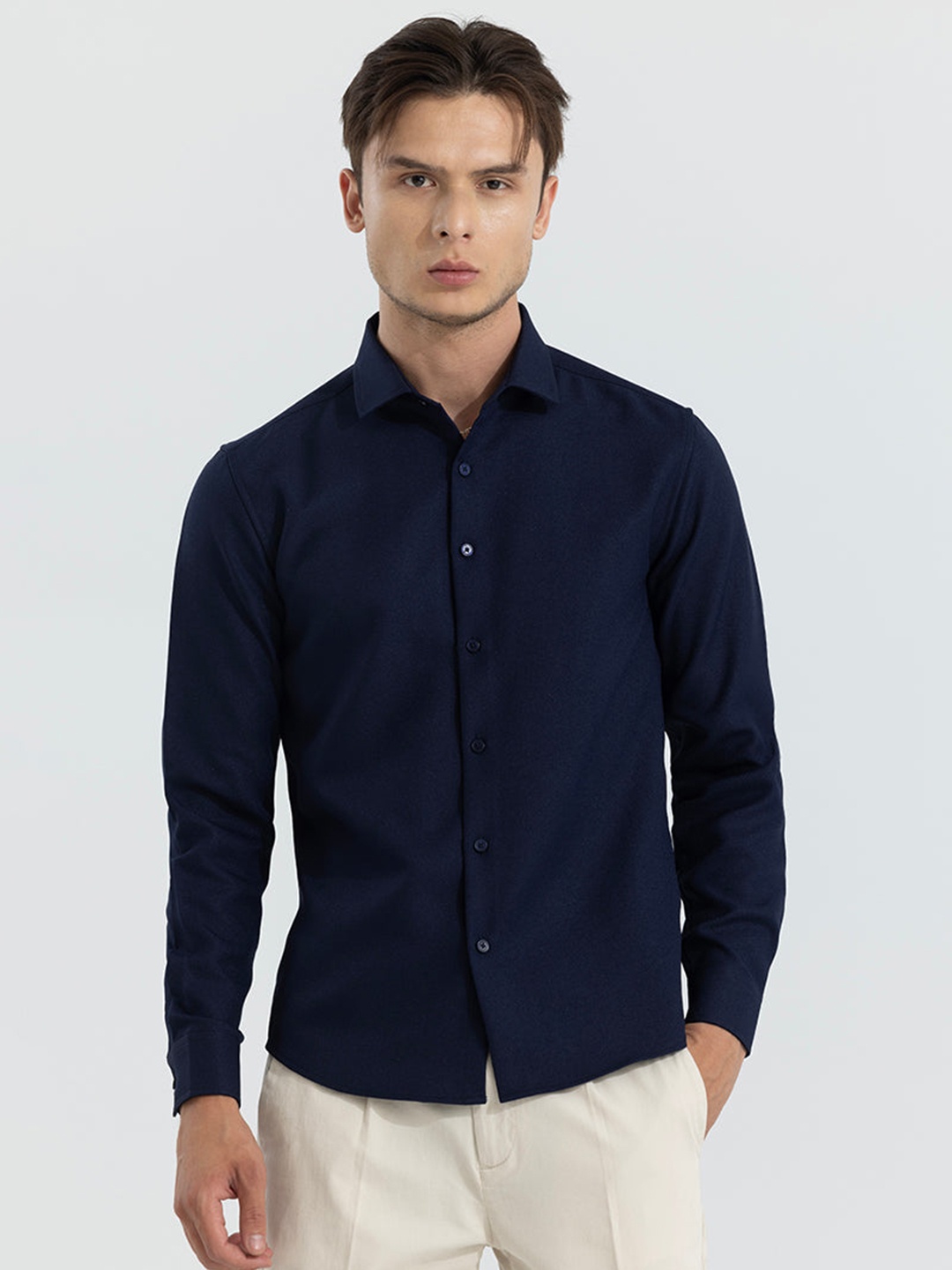 

Snitch Navy Blue Classic Slim Fit Long Sleeves Casual Shirt