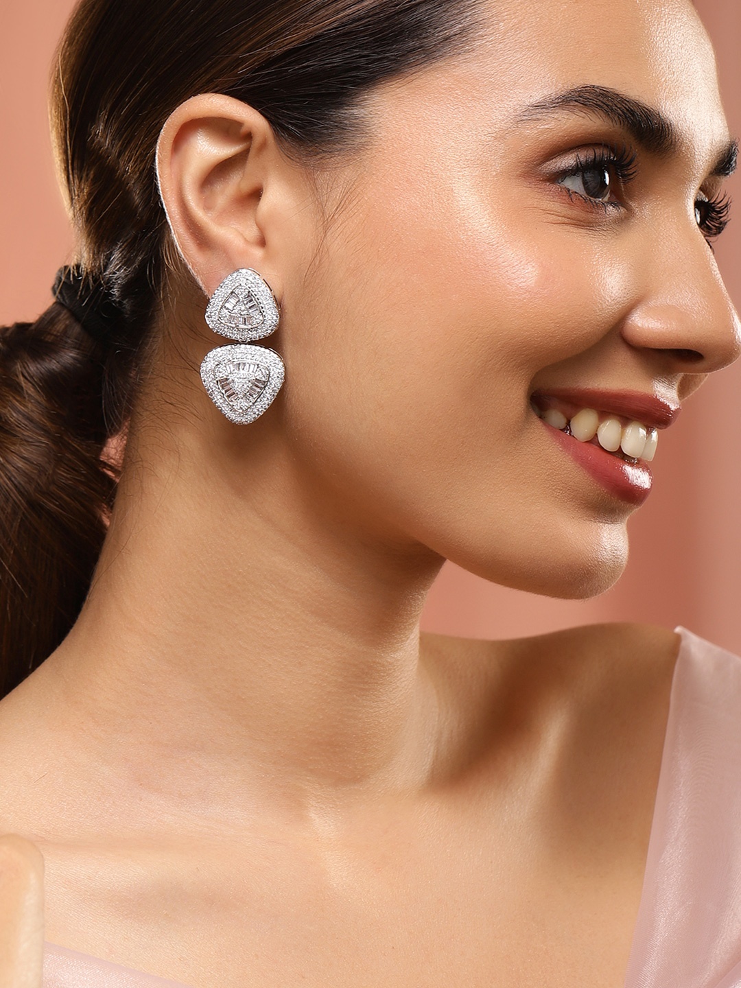 

Rubans Rhodium Plated Premium AAA Crystal & Cubic Zirconia Studded Triangular Drop Earrings, Silver