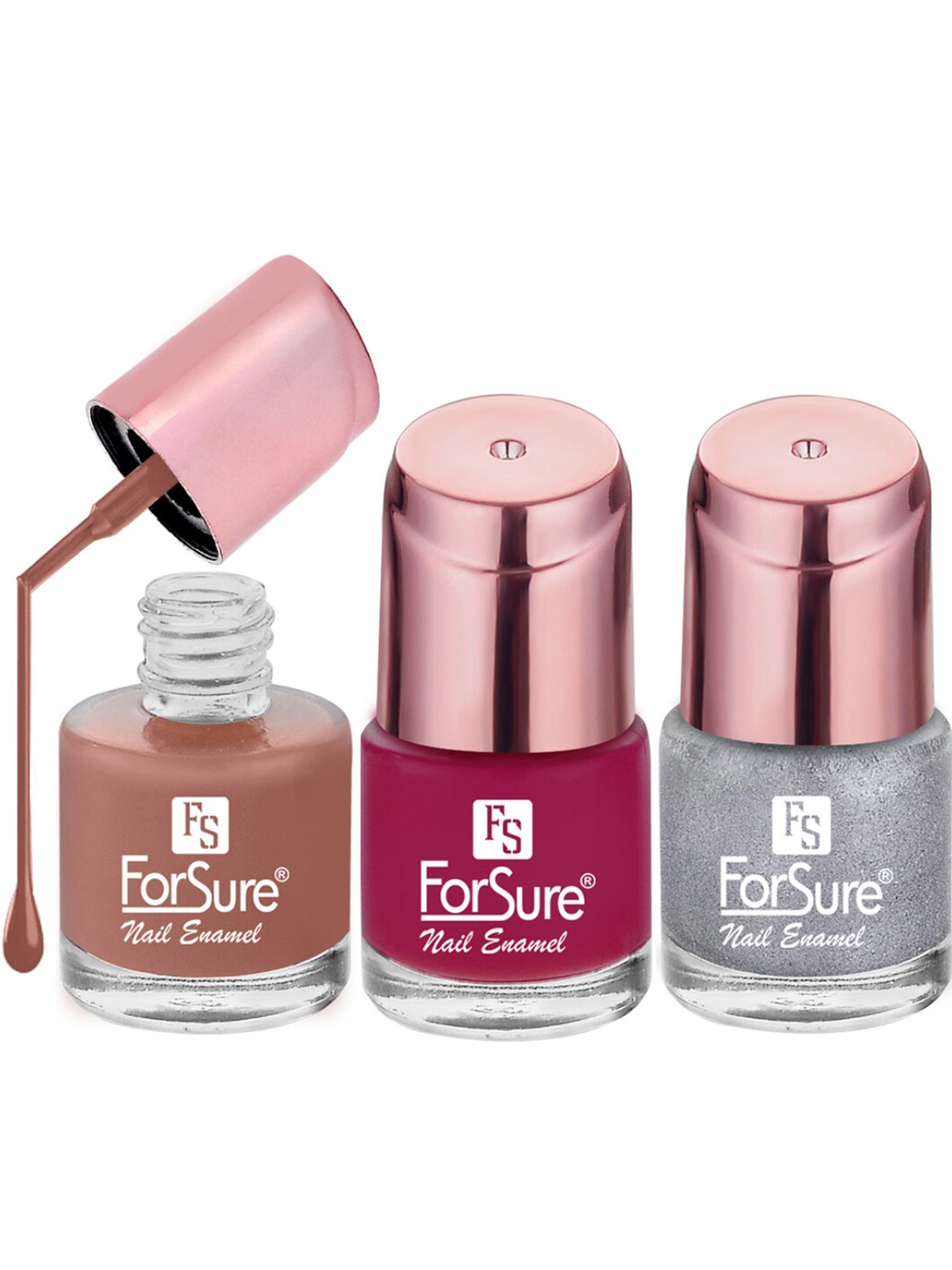 

ForSure Rose Gold 3-Pcs Nail Paints - 8ml Each - Silver Sparkle - Nude Line - Hot Magenta, Multi